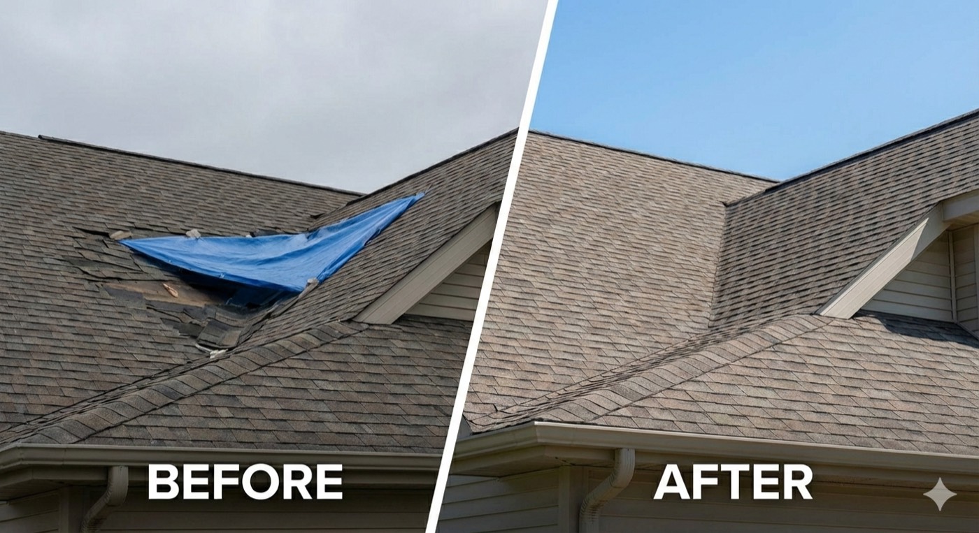 Before and after roof replacement comparison on a residential home