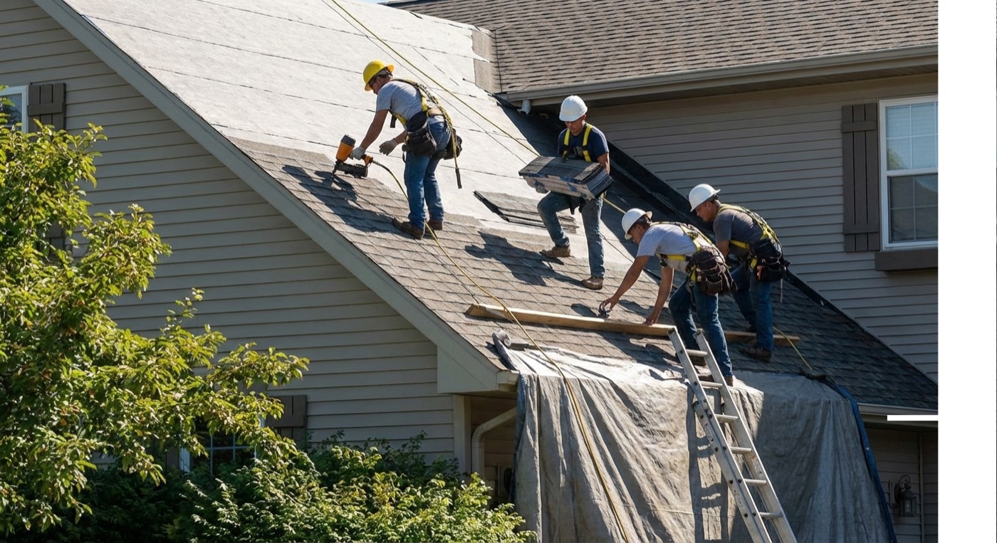 Roofing crew installing shingles on a residential home