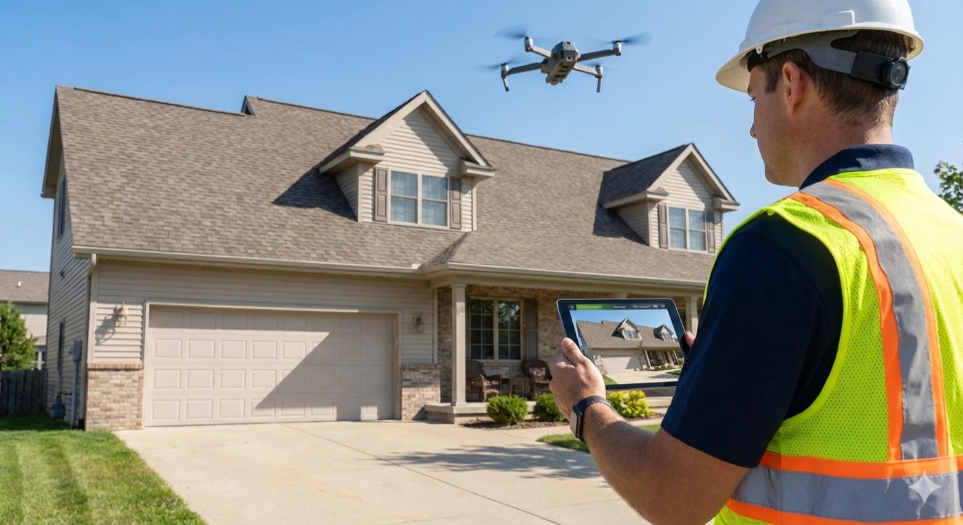 Roof inspector using a drone and tablet in front of a home