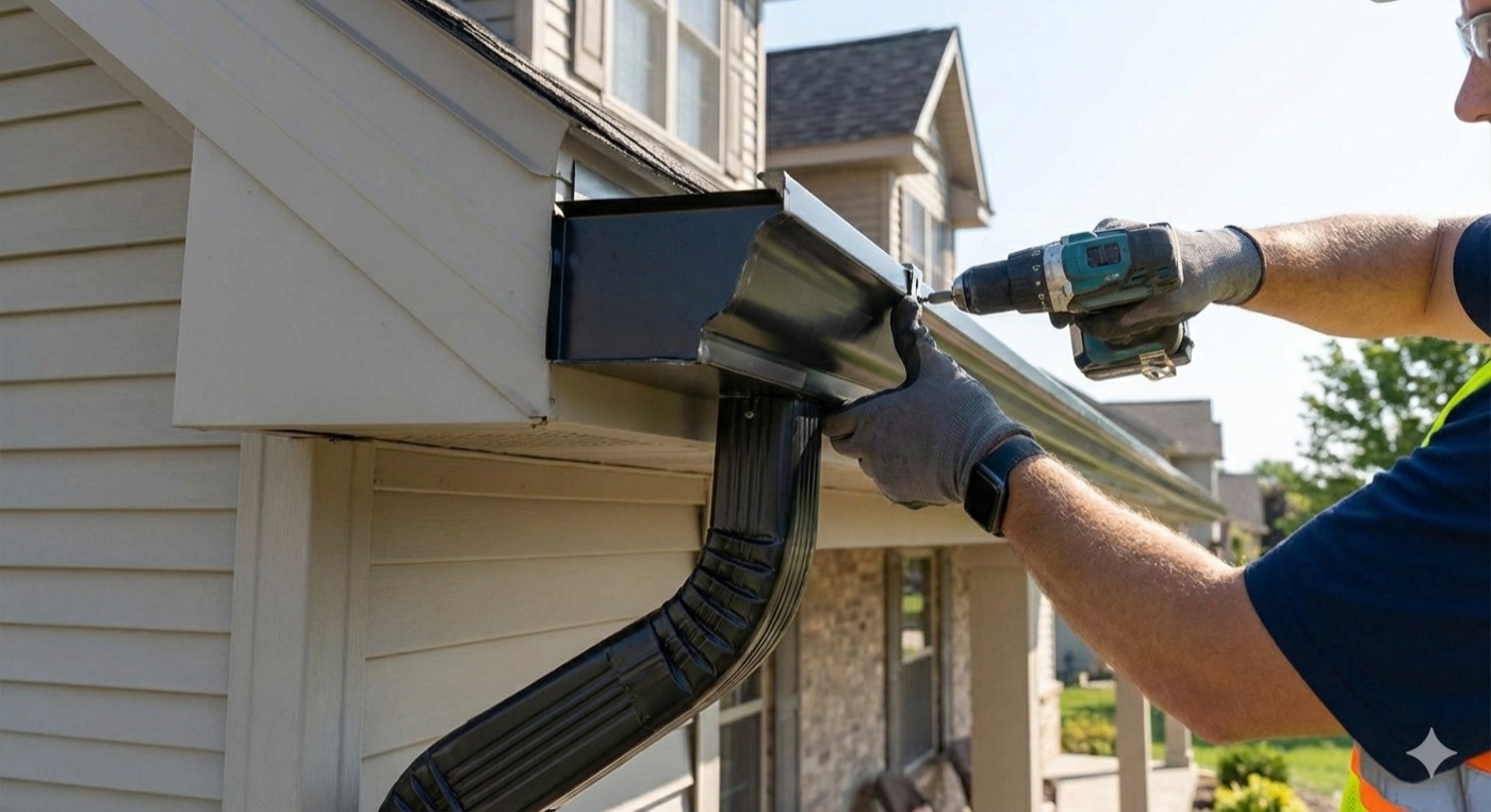 Technician installing a new gutter section on a residential home